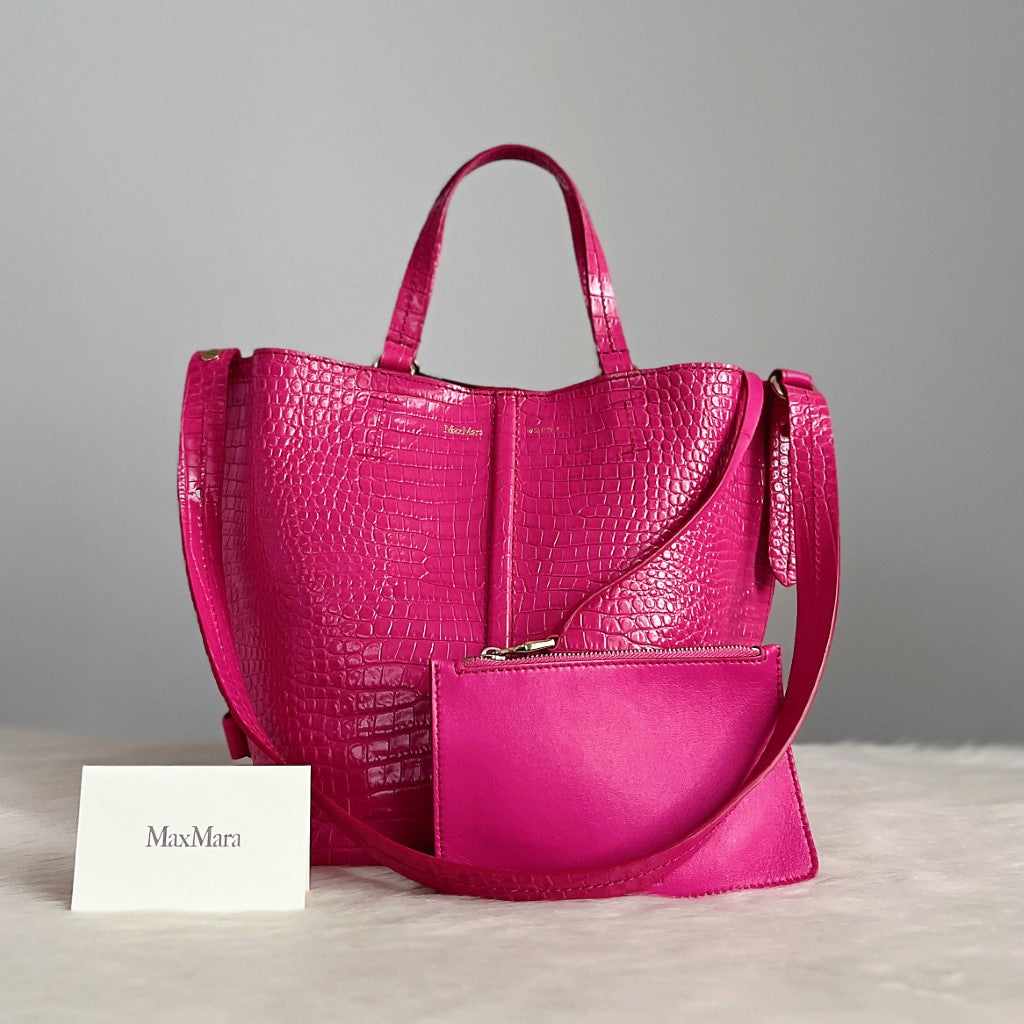 Max Mara Fuchsia Leather Crocodile Print Bucket 2 Way Shoulder Bag + Pouch Excellent