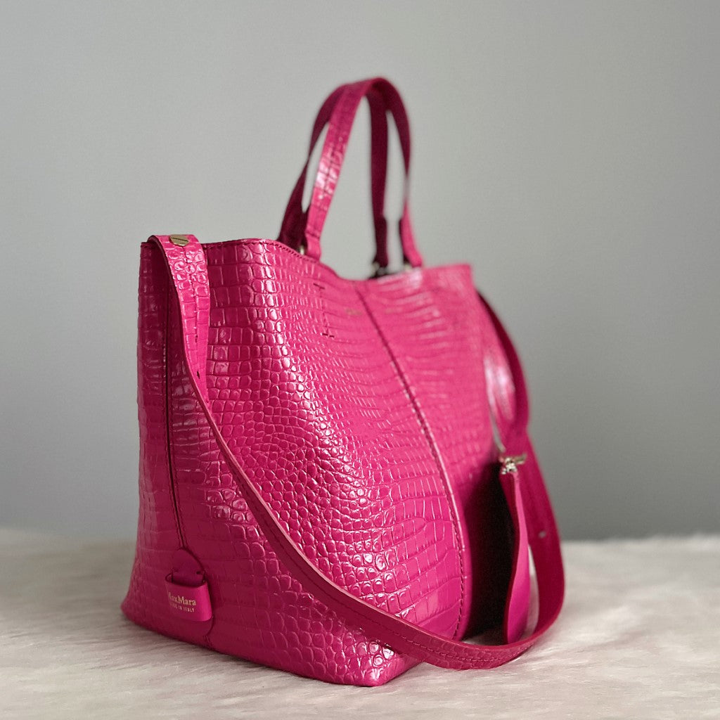 Max Mara Fuchsia Leather Crocodile Print Bucket 2 Way Shoulder Bag + Pouch Excellent