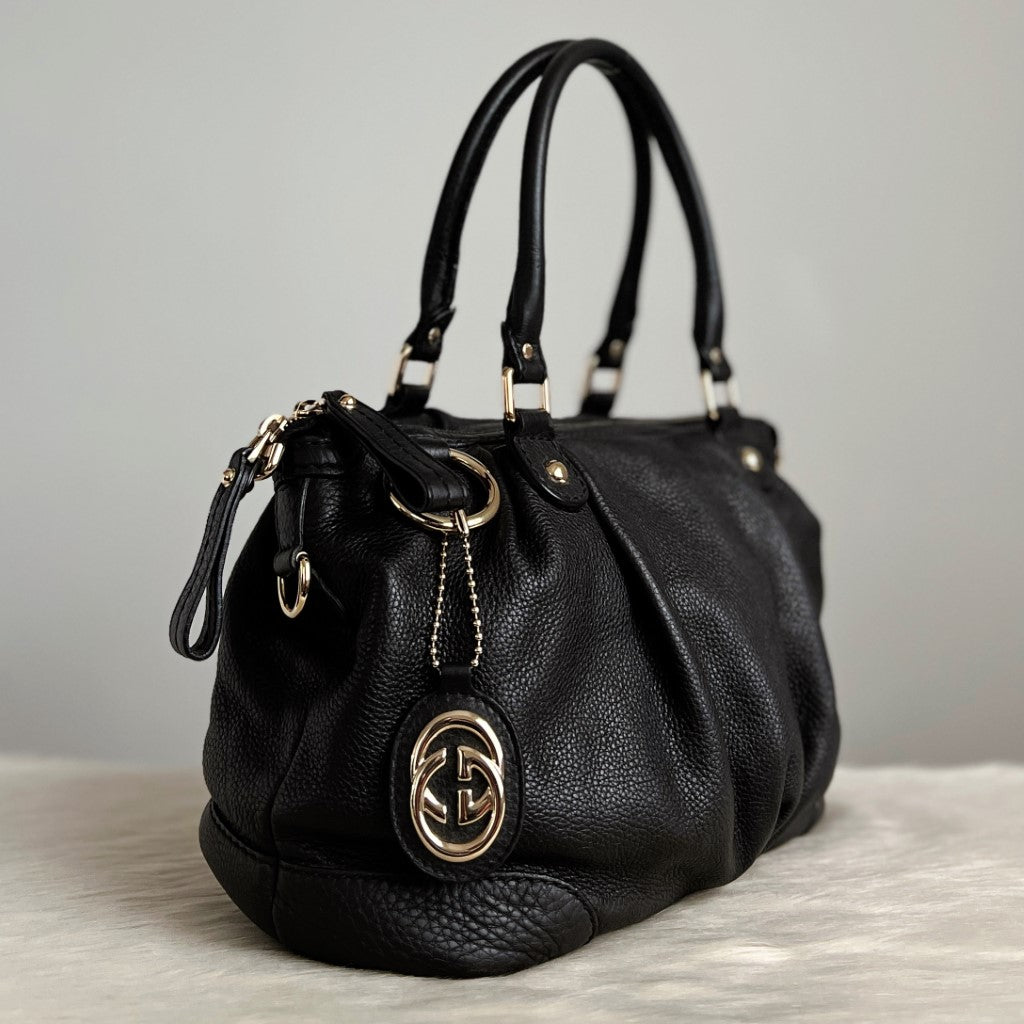 Gucci Black Leather Signature Double G Charm 2 Way Shoulder Bag Excellent