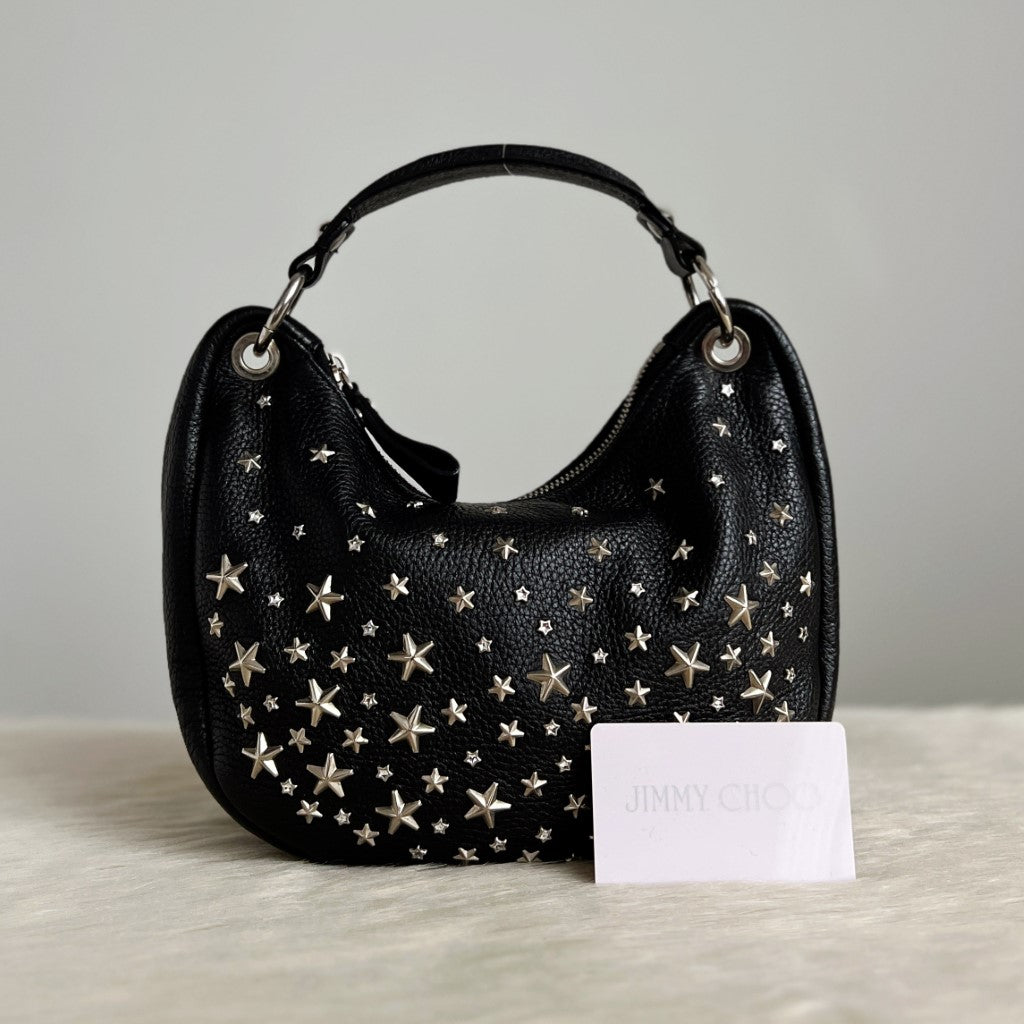 Jimmy Choo Black Leather Star Studded Detail Slouchy Small Tote Bag Excellent