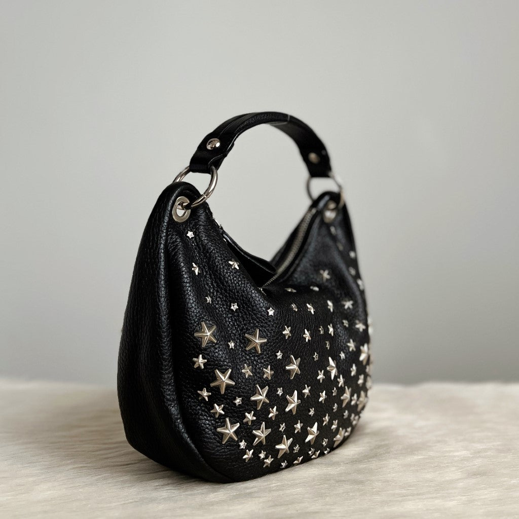 Jimmy Choo Black Leather Star Studded Detail Slouchy Small Tote Bag Excellent