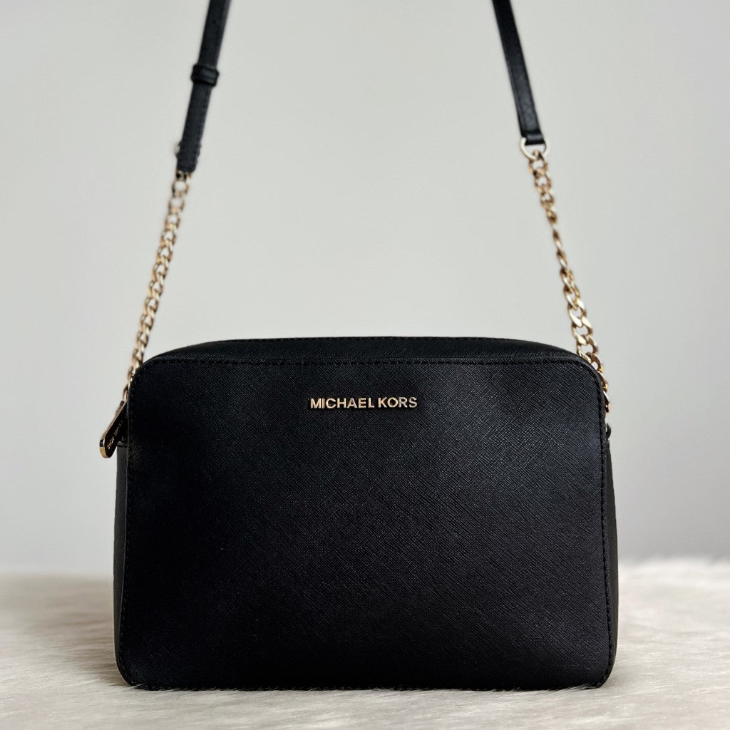 Michael Kors Black Leather Chained Detail Crossbody Shoulder Bag