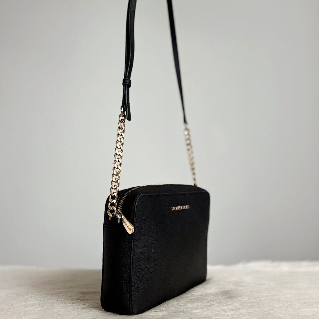 Michael Kors Black Leather Chained Detail Crossbody Shoulder Bag