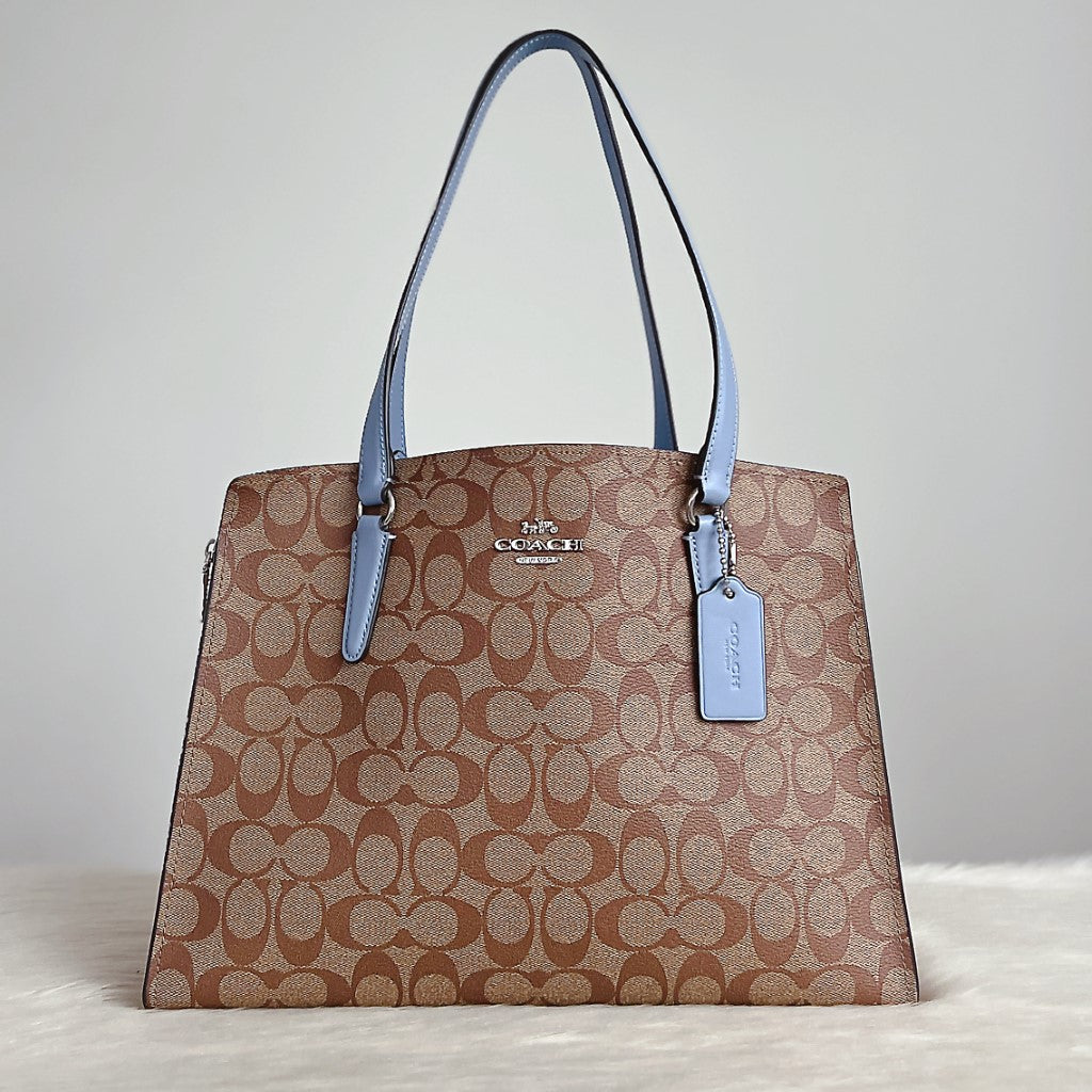 Coach Light Blue Leather Monogram Triple Compartment Carryall Shoulder Bag Like New