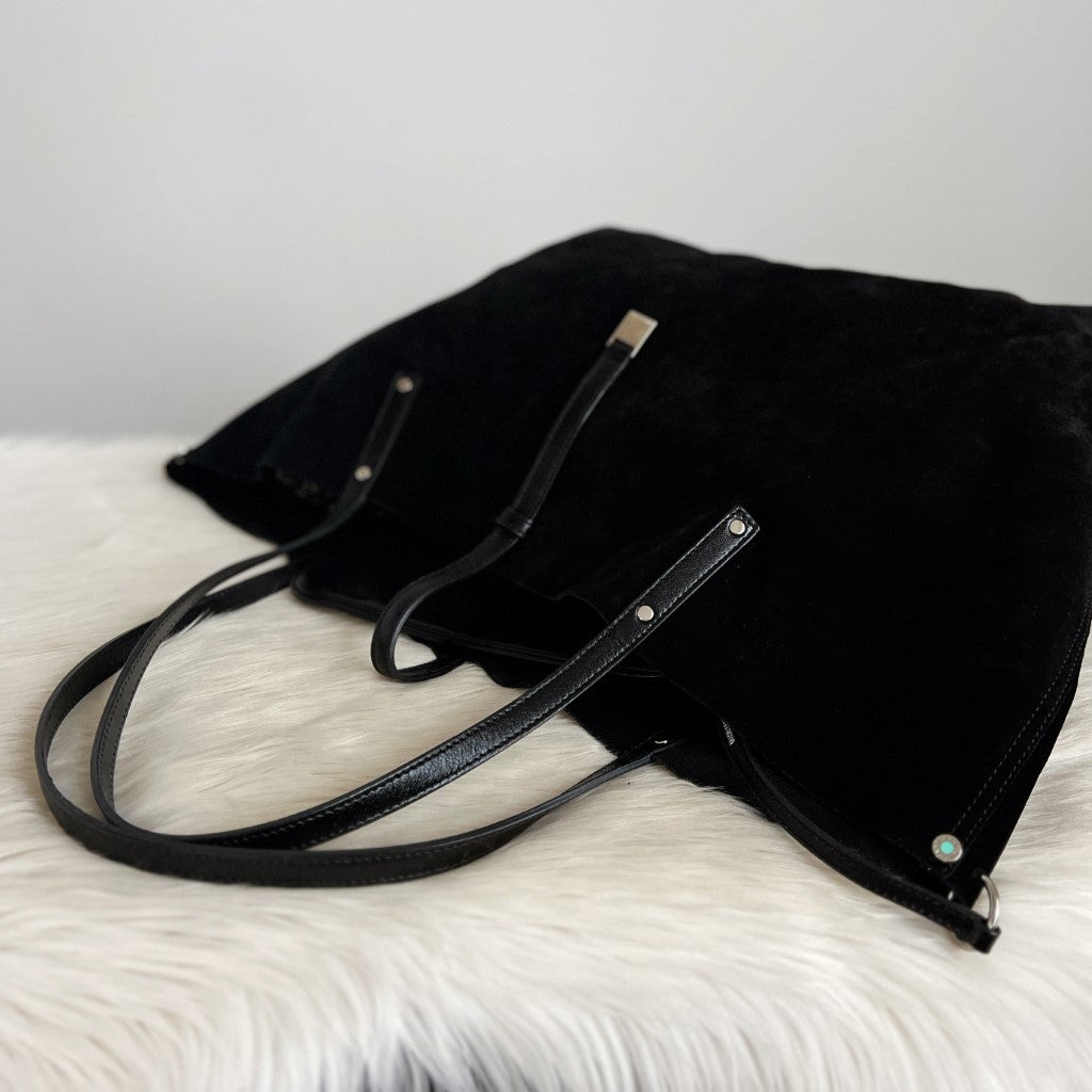 Tiffany Black Suede Front Detail Slouchy Shoulder Bag + Pouch