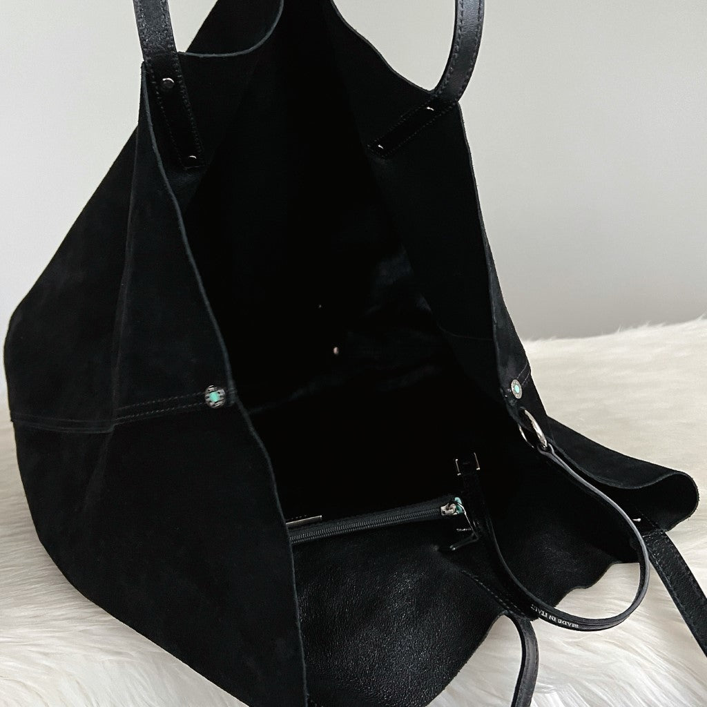 Tiffany Black Suede Front Detail Slouchy Shoulder Bag + Pouch