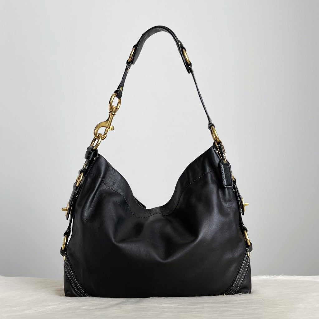 Coach Black Leather Slouchy Side Ring Detail Shoulder Bag