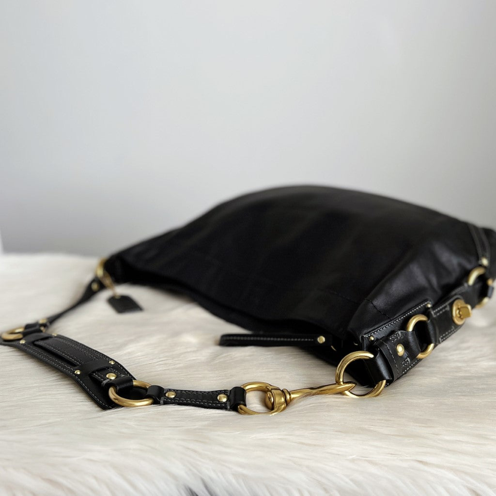 Coach Black Leather Slouchy Side Ring Detail Shoulder Bag