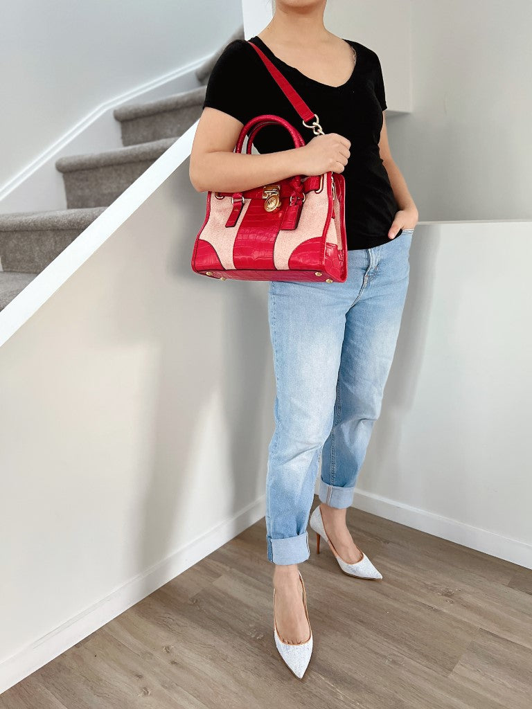 Michael Kors Red Leather Patchwork Hamilton 2 Way Shoulder Bag Excellent