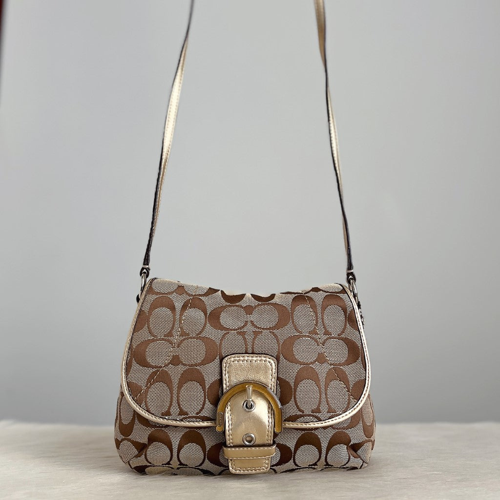 Coach Light Gold Leather Monogram Buckle Detail Crossbody Shoulder Bag