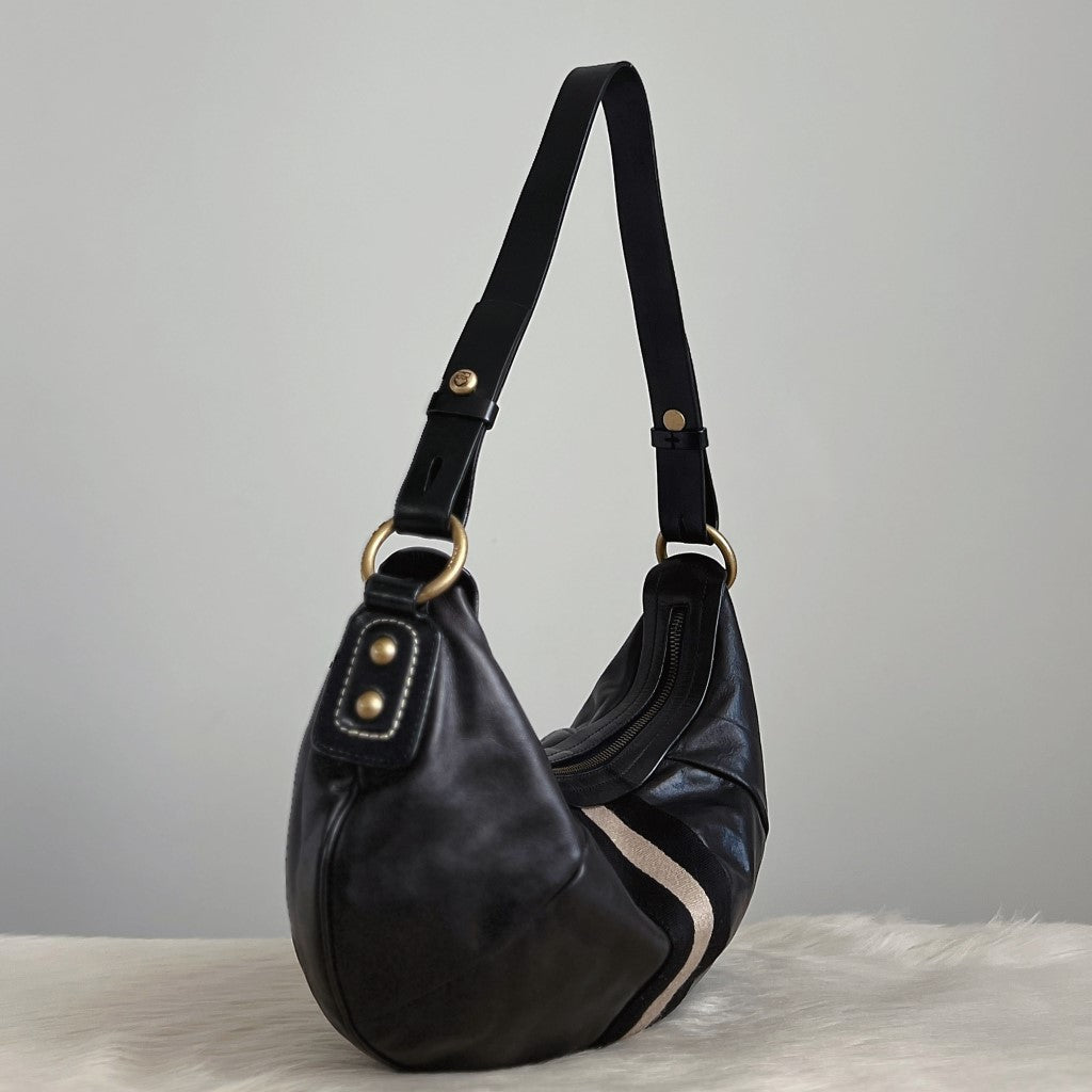 Bally Black Leather Stripe Detail Slouchy Shoulder Bag