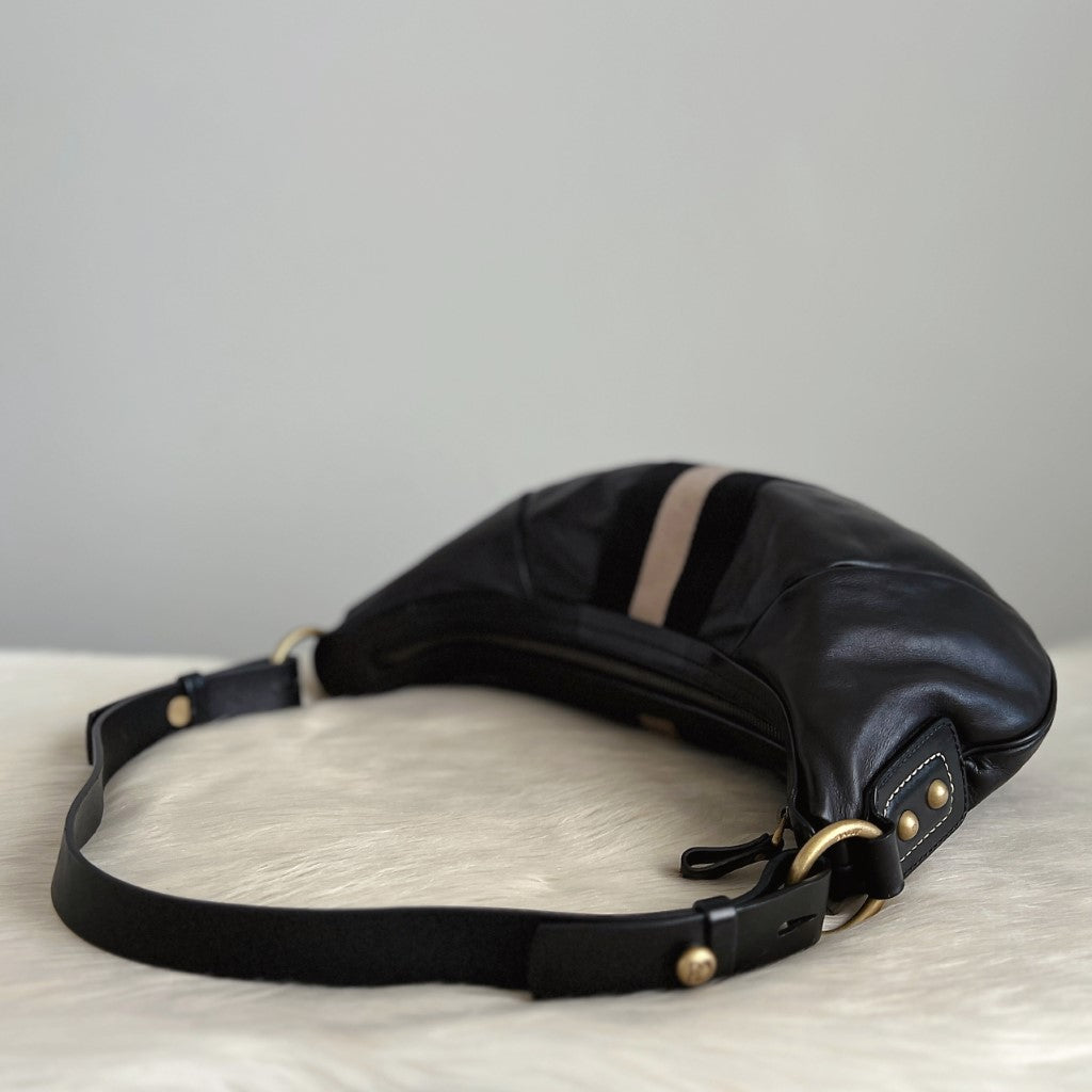 Bally Black Leather Stripe Detail Slouchy Shoulder Bag