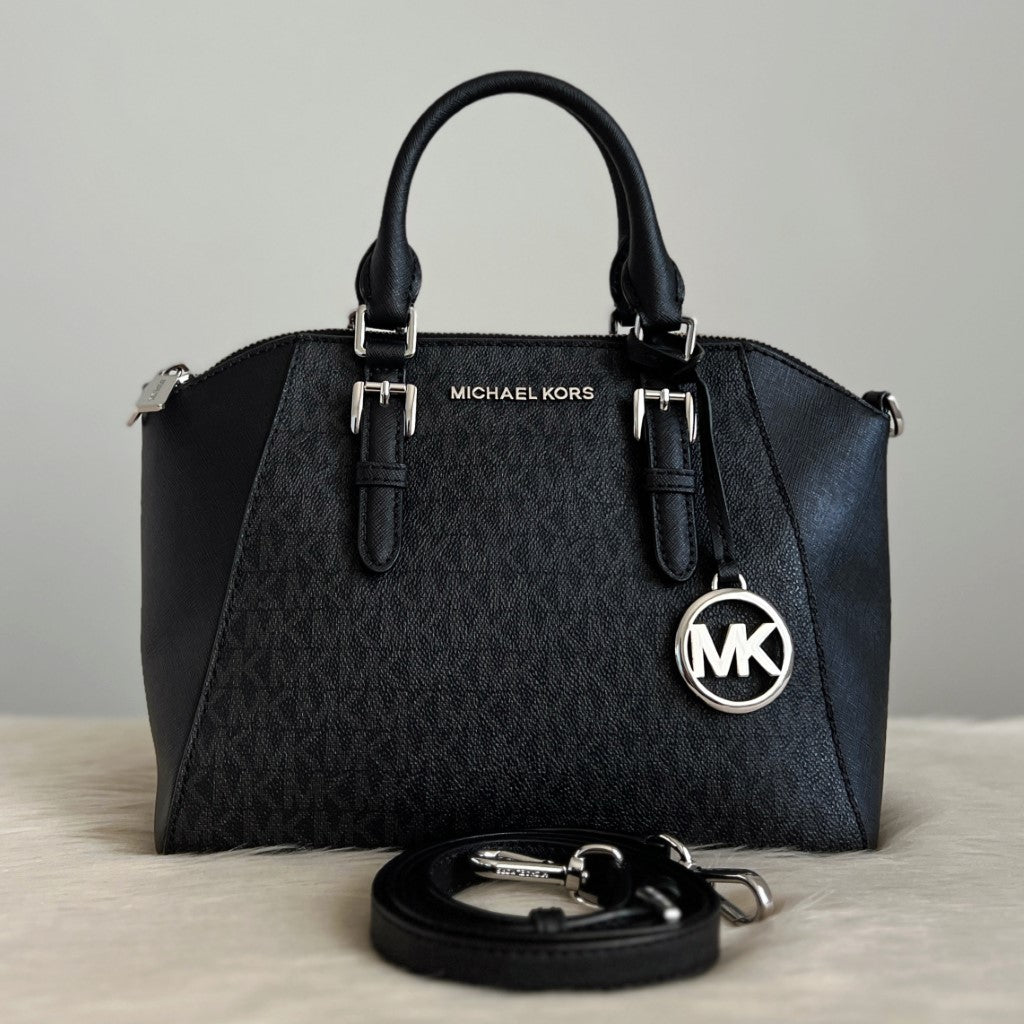 Michael Kors Black Leather MK Monogram Career Shoulder Bag Excellent