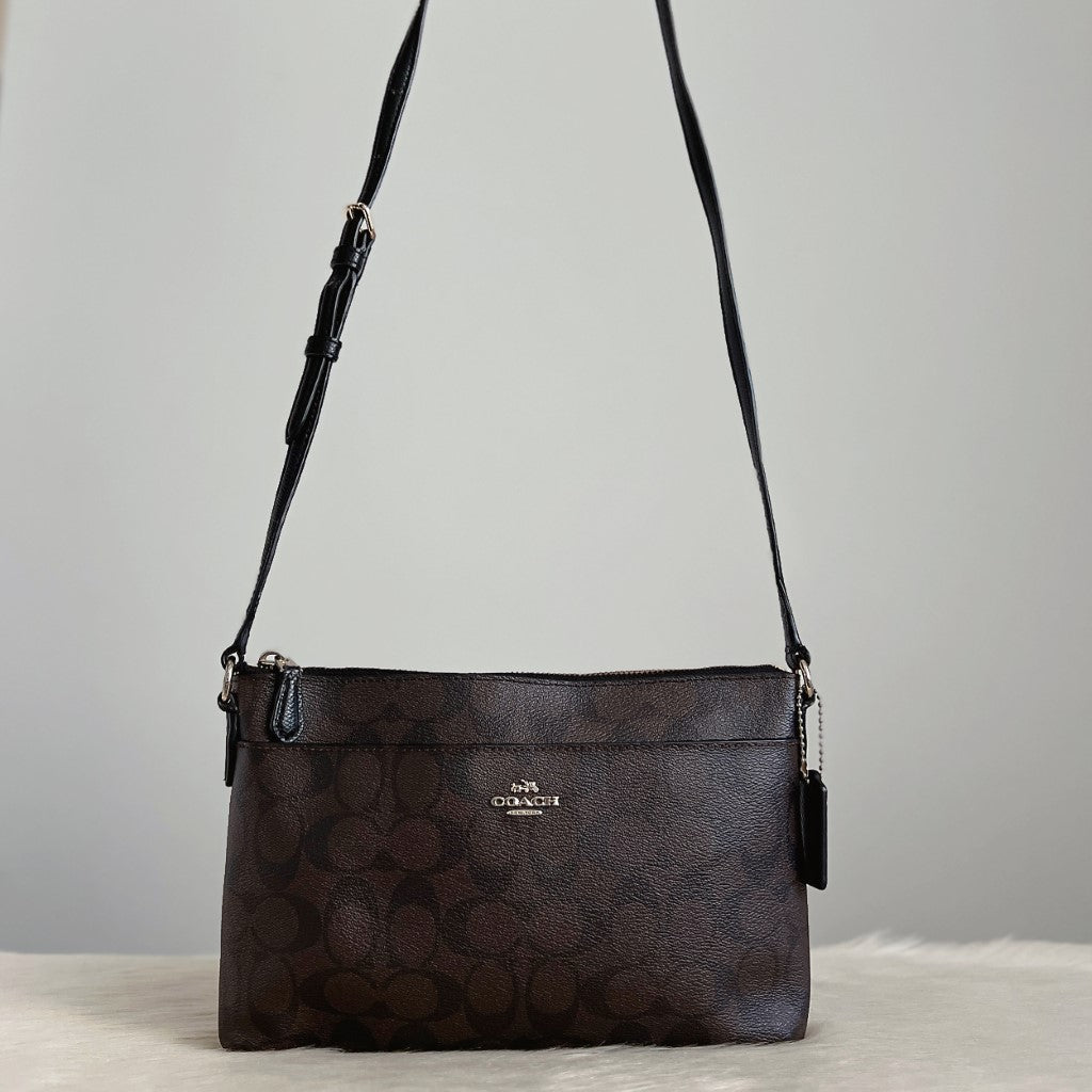 Coach Black Leather Monogram Double Compartment Crossbody Shoulder Bag