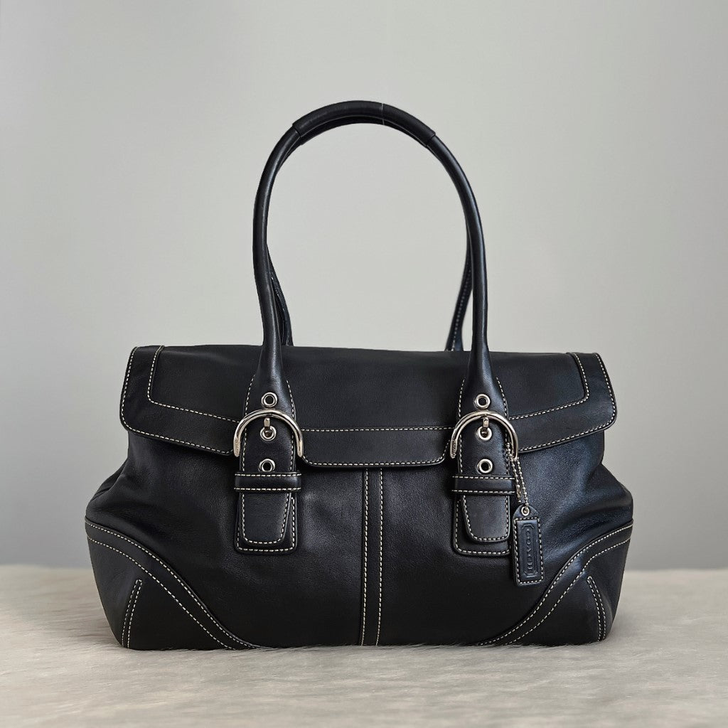 Coach Black Leather Double Buckle Detail Shoulder Bag