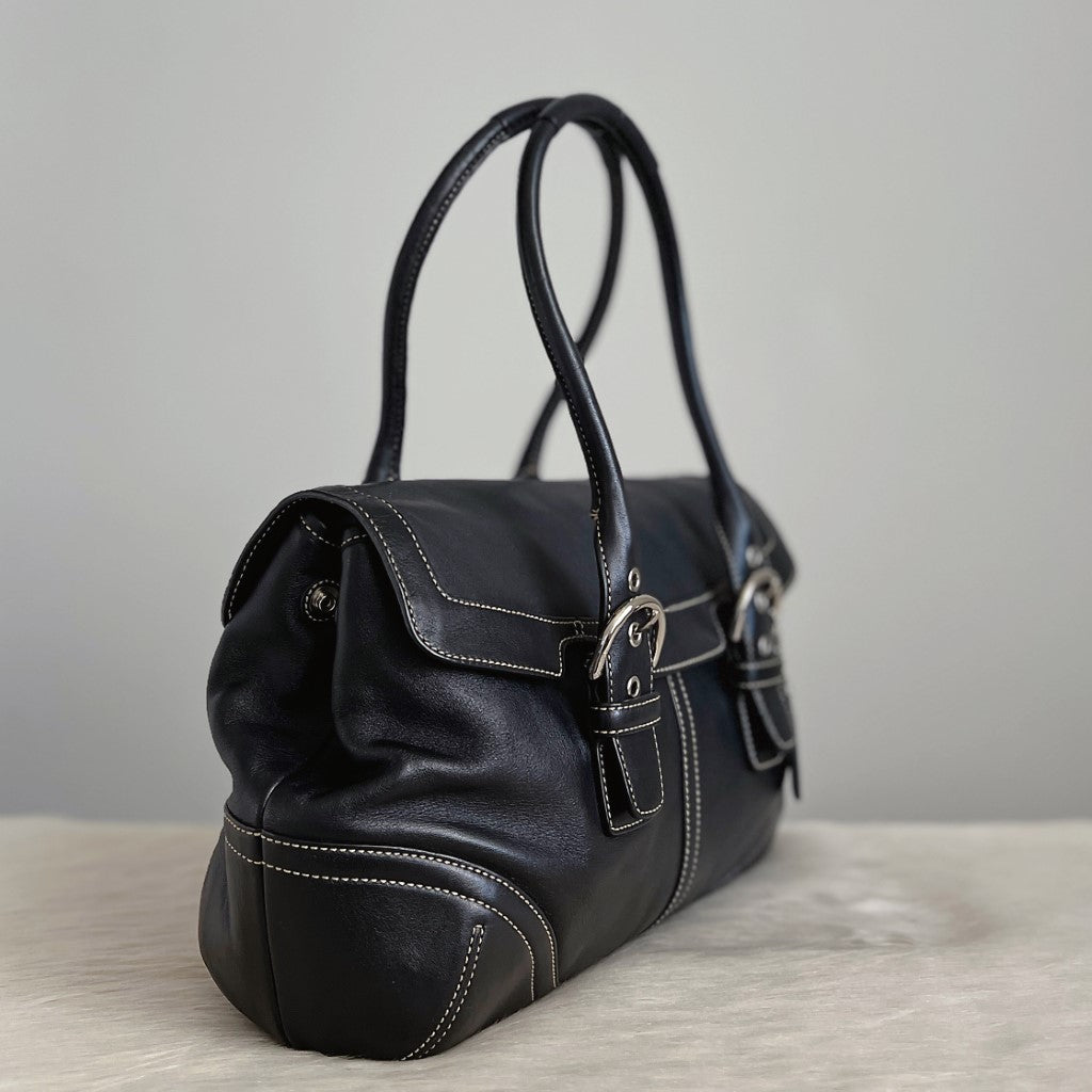 Coach Black Leather Double Buckle Detail Shoulder Bag