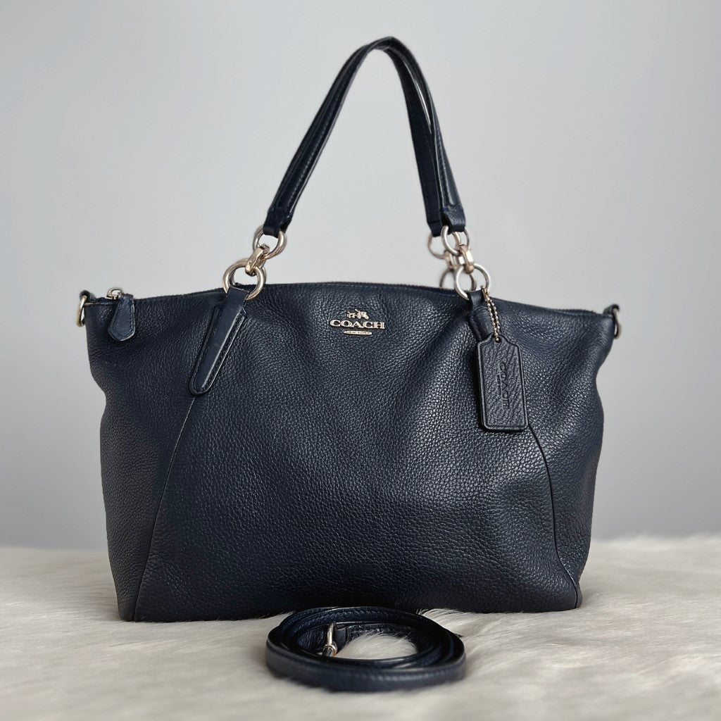 Coach Navy Leather Front Logo Chain Detail 2 Way Shoulder Bag