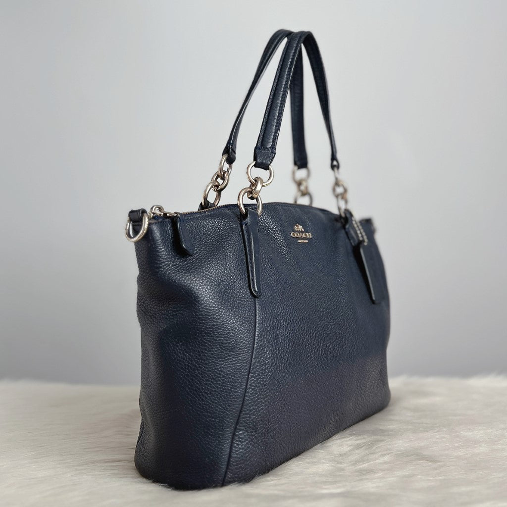 Coach Navy Leather Front Logo Chain Detail 2 Way Shoulder Bag