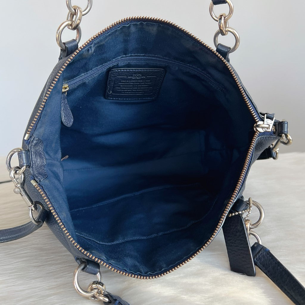 Coach Navy Leather Front Logo Chain Detail 2 Way Shoulder Bag