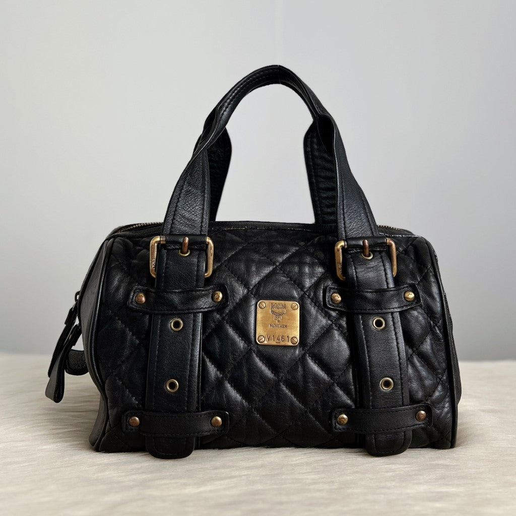 MCM Black Leather Quilted Front Logo Small Tote Bag