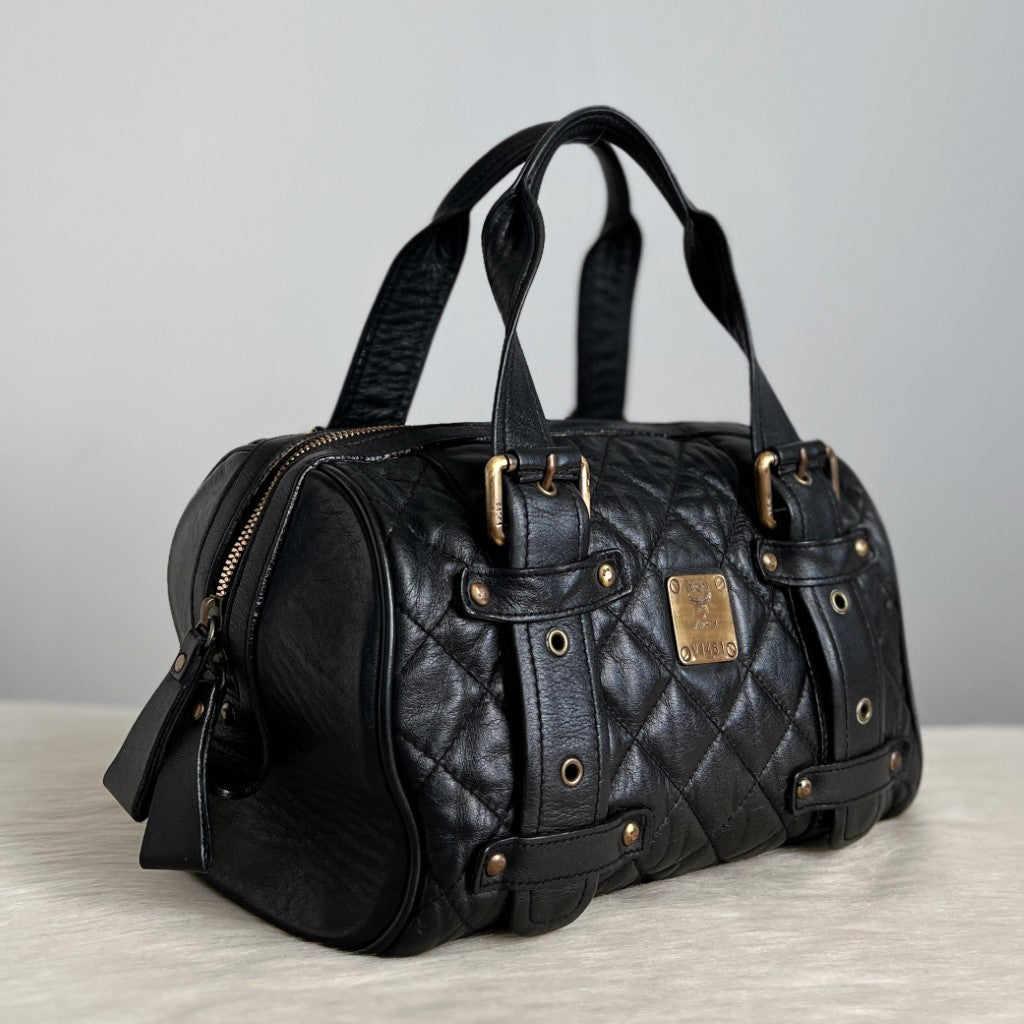 MCM Black Leather Quilted Front Logo Small Tote Bag