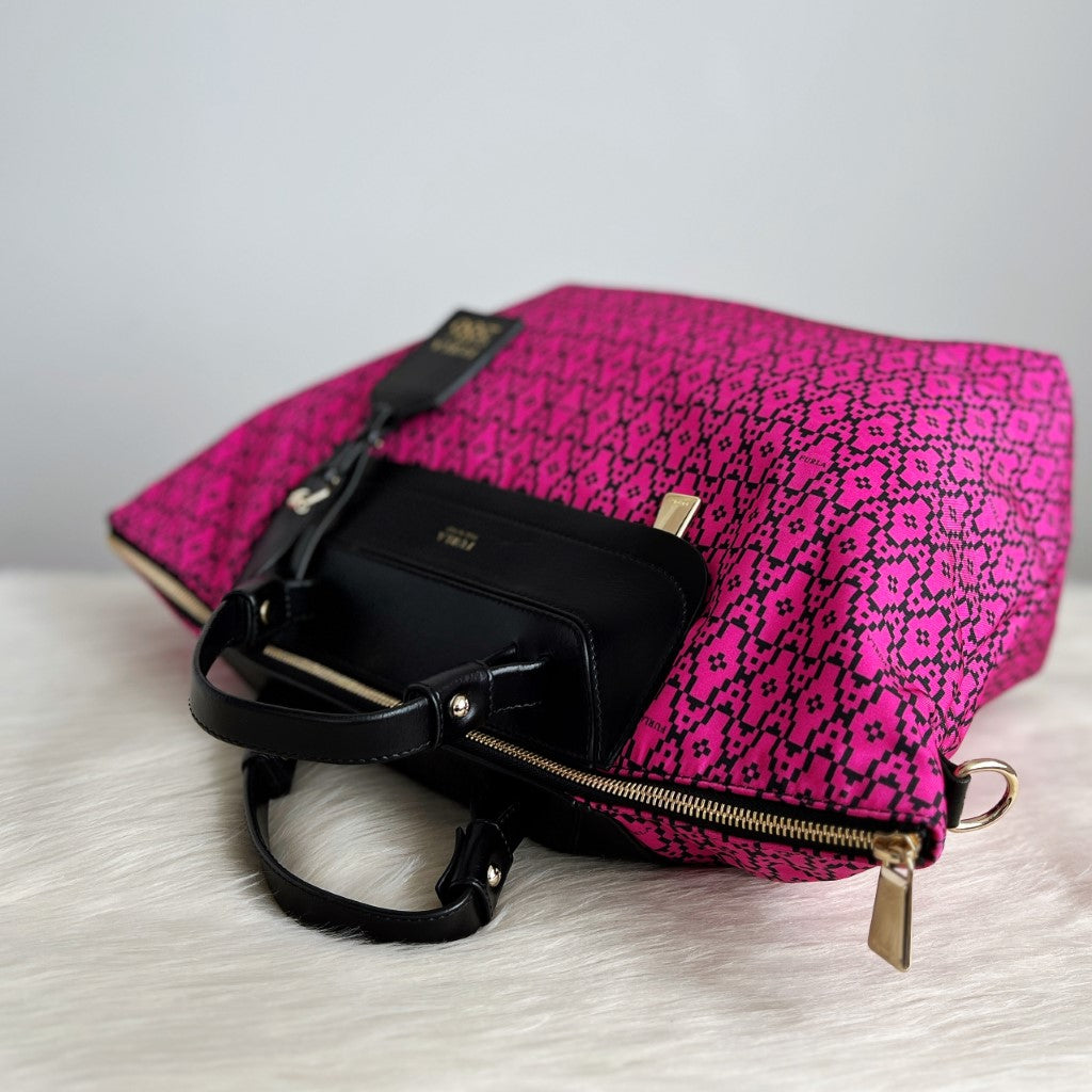 Furla Black Leather Fuchsia Pattern Charm Detail 2 Way Shoulder Bag Excellent