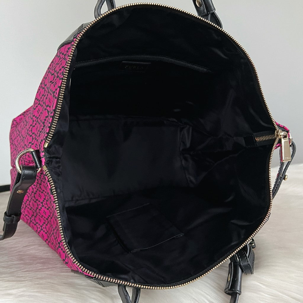 Furla Black Leather Fuchsia Pattern Charm Detail 2 Way Shoulder Bag Excellent