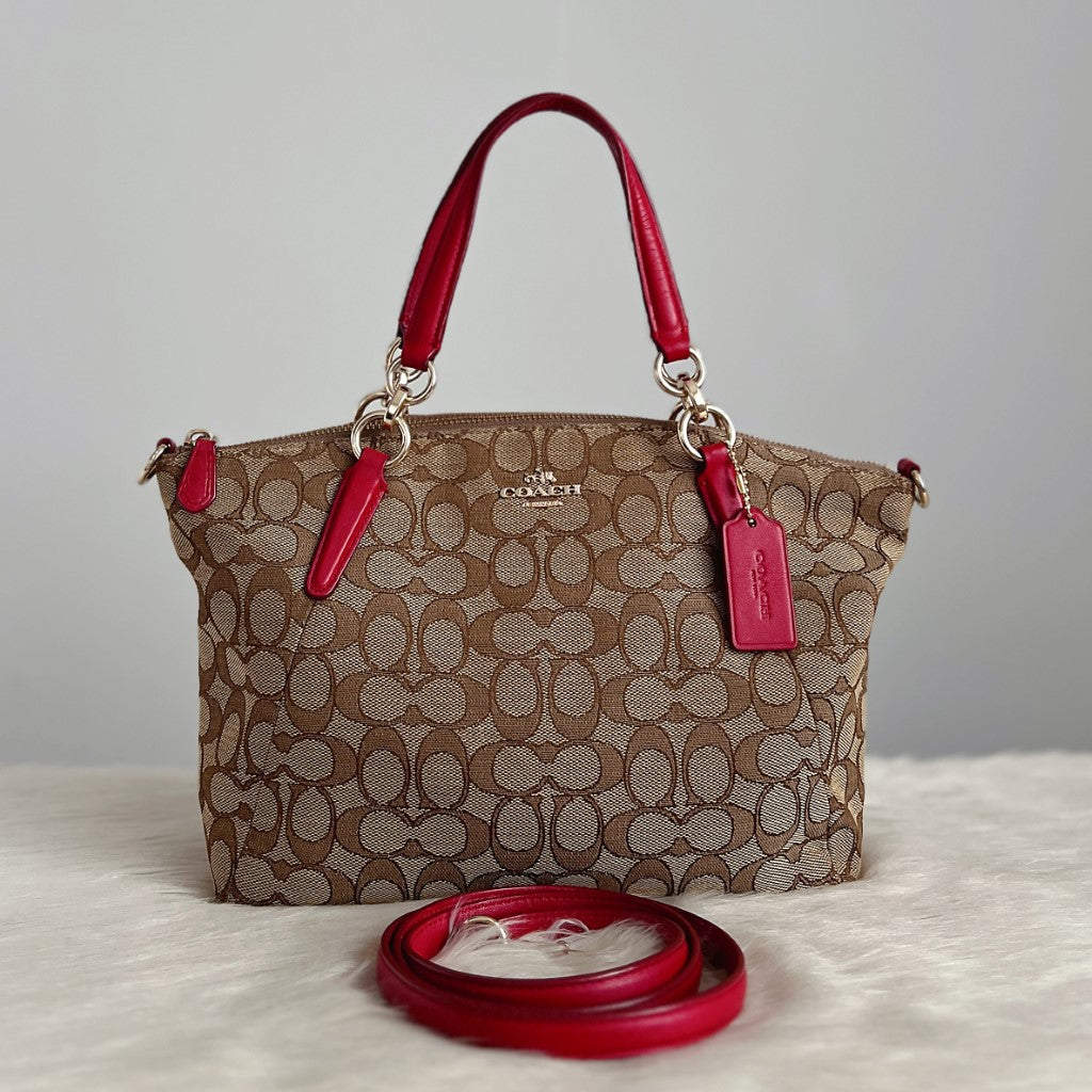 Coach Red Leather Monogram Chain Detail 2 Way Shoulder Bag Excellent