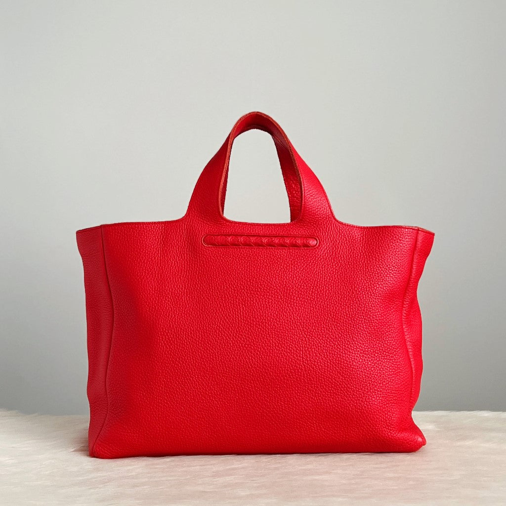 Bottega Veneta Red Leather Intrecciato Detail Large Tote Bag Excellent