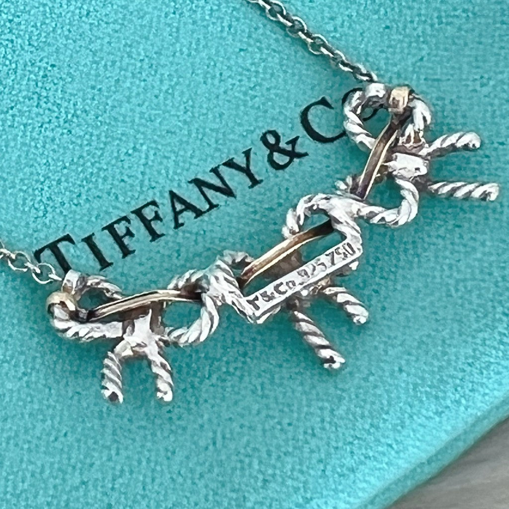 Tiffany & Co. Triple Bow Solid 18K Gold 925 Silver Necklace Excellent