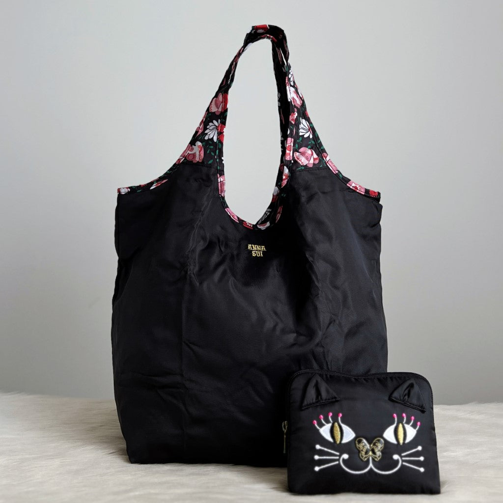 Anna Sui Black Nylon Floral Pattern Shoulder Bag + Kitty Face Pouch Like New