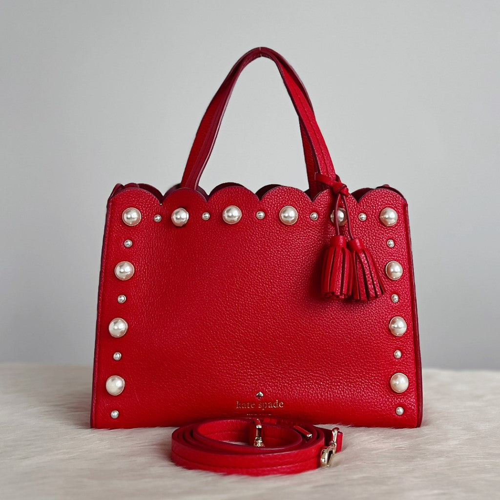 Kate Spade Red Leather Pearl Detail Tassel Charm 2 Way Shoulder Bag Excellent