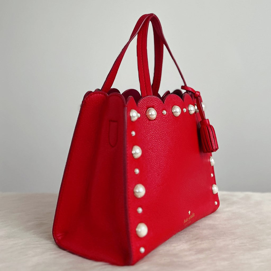 Kate Spade Red Leather Pearl Detail Tassel Charm 2 Way Shoulder Bag Excellent