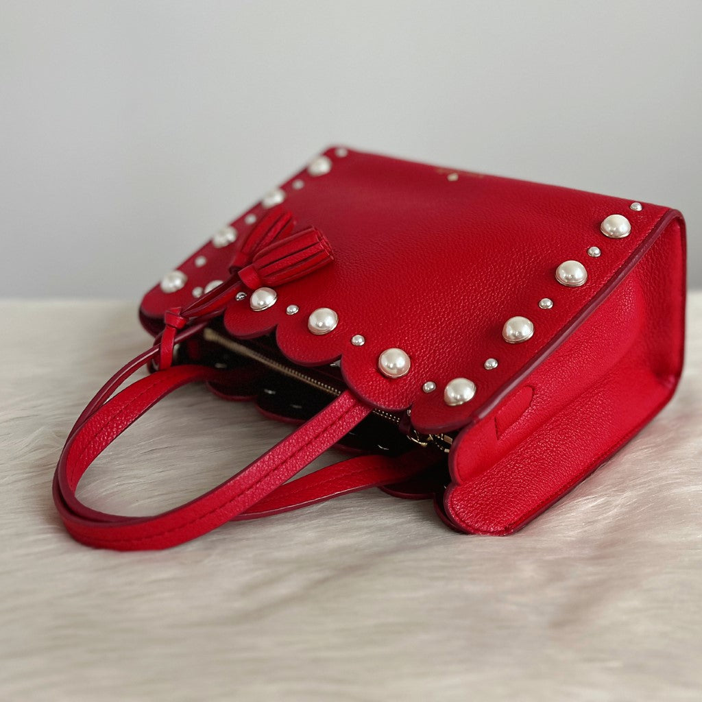 Kate Spade Red Leather Pearl Detail Tassel Charm 2 Way Shoulder Bag Excellent