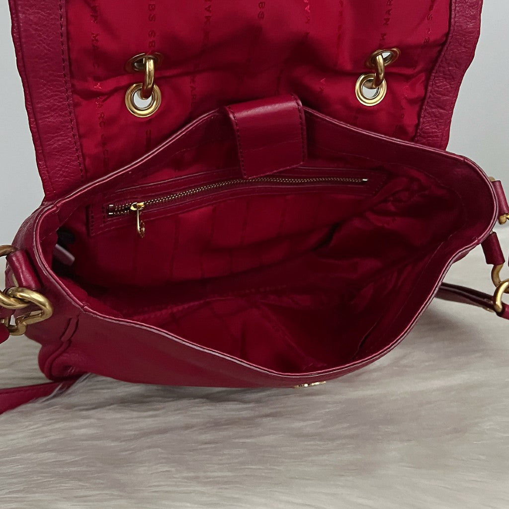 Marc Jacobs Maroon Leather Front Logo Flap 2 Way Shoulder Bag