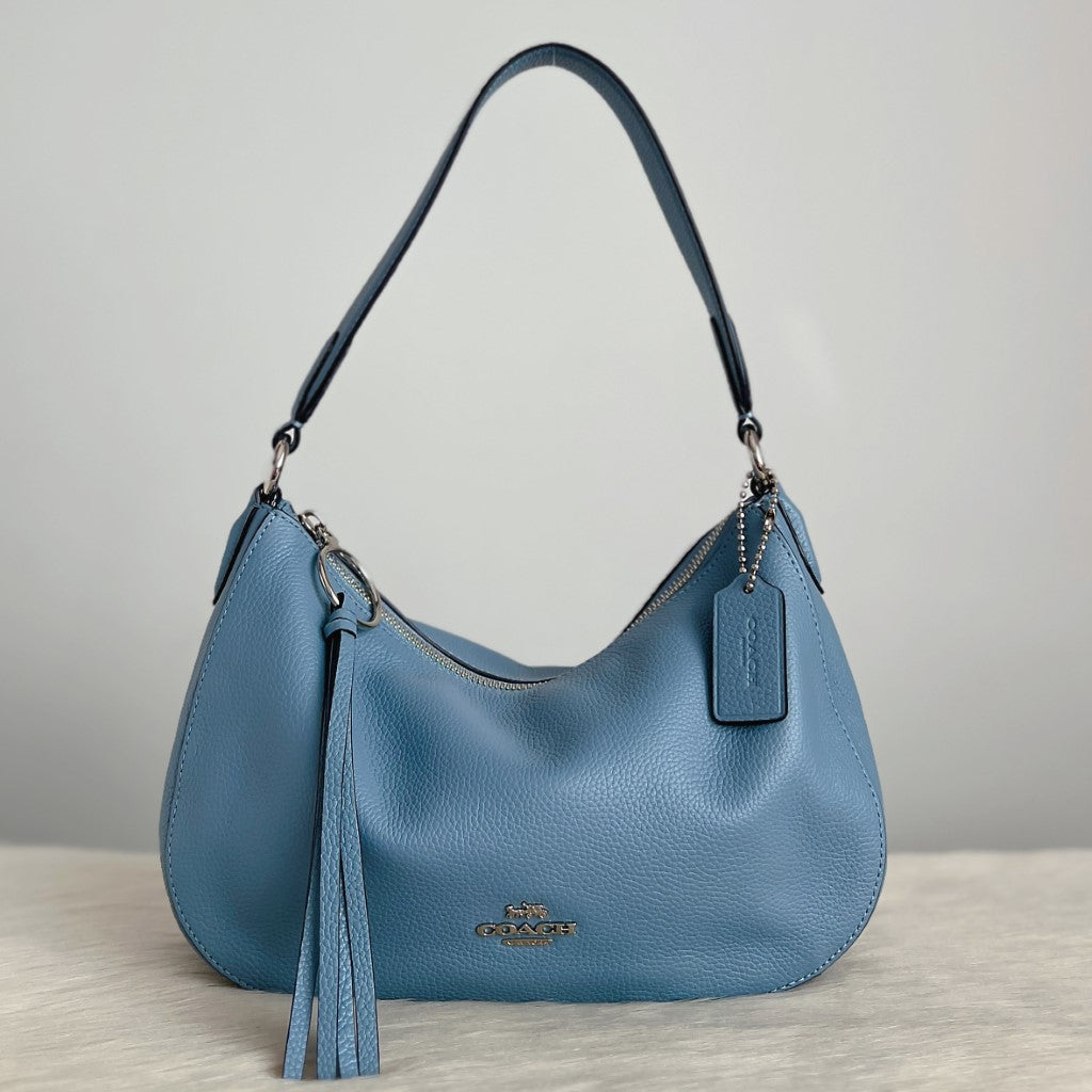 Coach Blue Leather Tassel Charm Slouchy Shoulder Bag Excellent