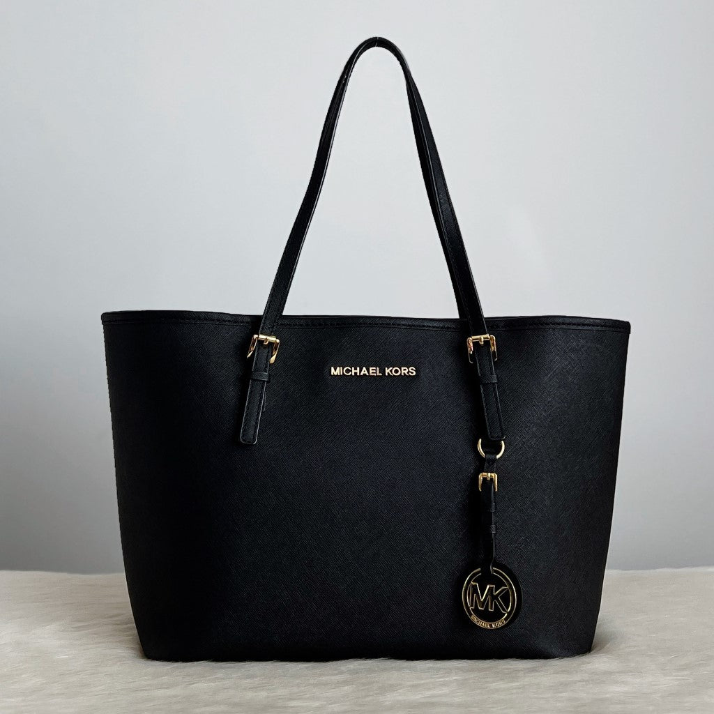 Michael Kors Black Saffiano Leather MK Charm Carryall Shoulder Bag