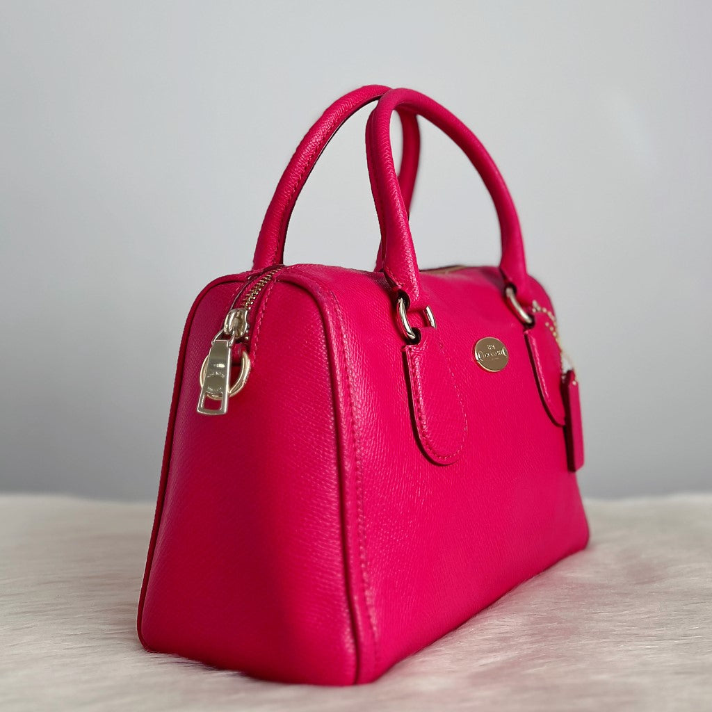 Coach Fuchsia Leather Front Logo Boston 2 Way Shoulder Bag