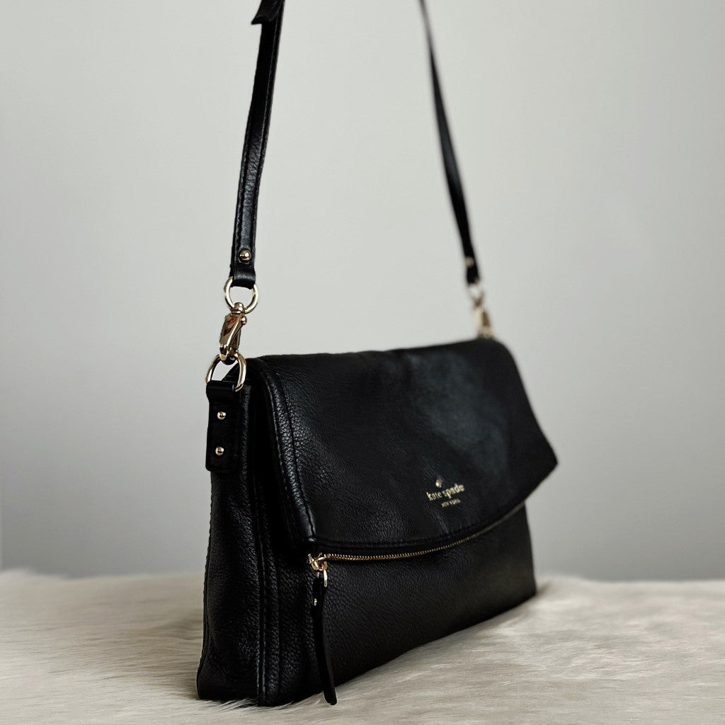 Kate Spade Black Leather Flap Compartment Crossbody Shoulder Bag