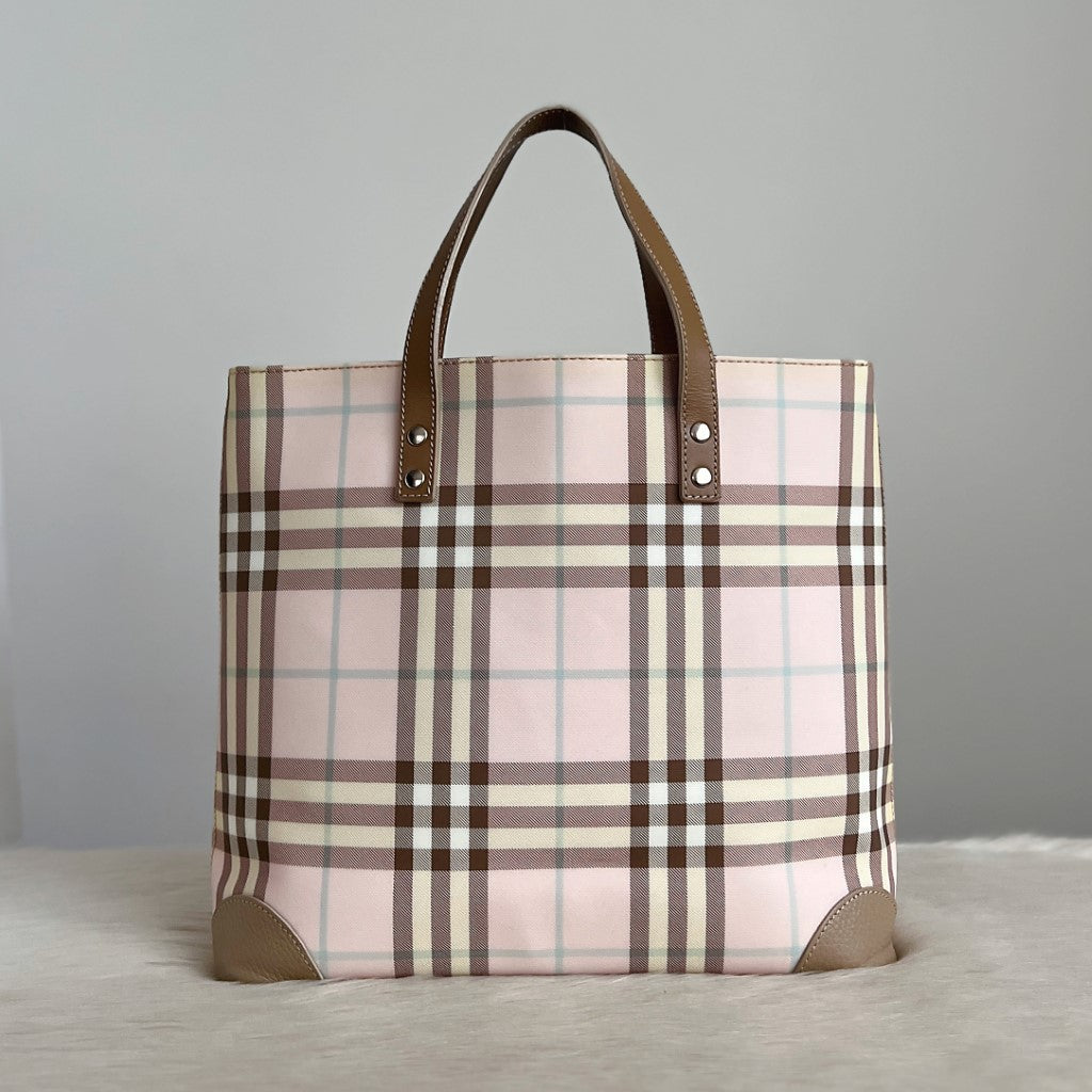 Burberry Taupe Leather Signature Check Pattern Tote Bag