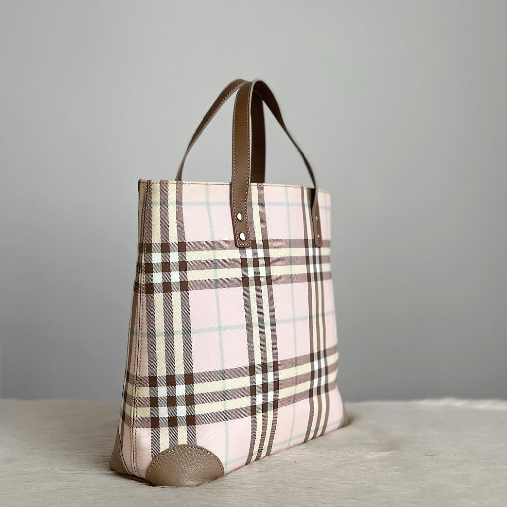 Burberry Taupe Leather Signature Check Pattern Tote Bag