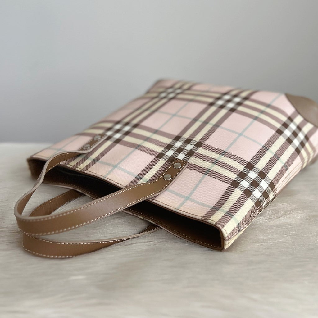 Burberry Taupe Leather Signature Check Pattern Tote Bag