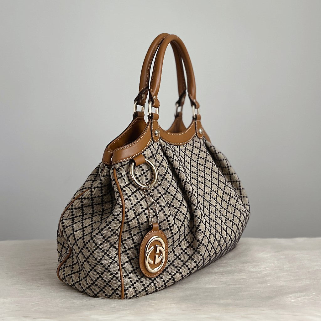 Gucci Signature Double G Caramel Leather Trim Shoulder Bag Excellent