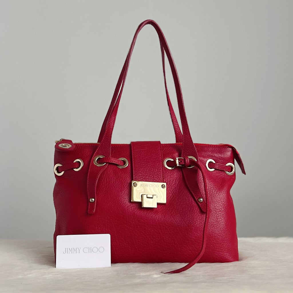 Jimmy Choo Red Leather Front Buckle Drawstring Shoulder Bag Excellent