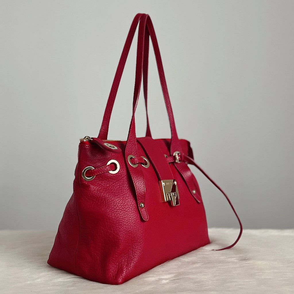 Jimmy Choo Red Leather Front Buckle Drawstring Shoulder Bag Excellent