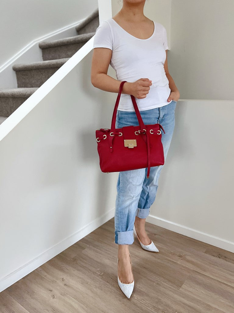 Jimmy Choo Red Leather Front Buckle Drawstring Shoulder Bag Excellent