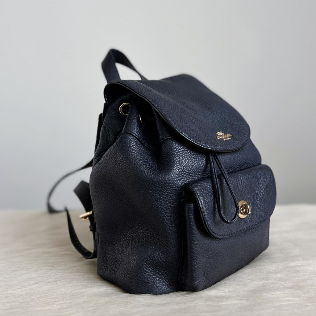 Coach Navy Leather Front Turn Lock Pocket Small Backpack