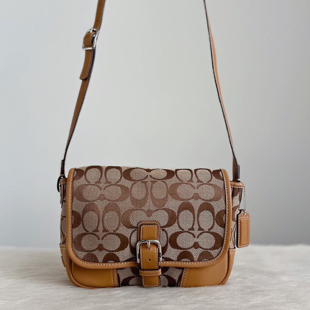 Coach Beige Leather Monogram Front Buckle Crossbody Shoulder Bag