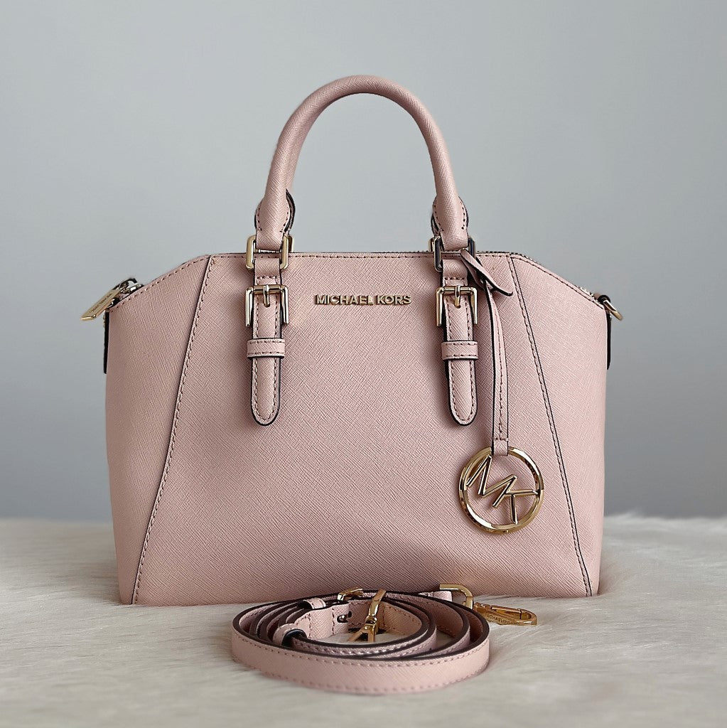 Michael Kors Pink Leather Front Logo MK Charm 2 Way Shoulder Bag