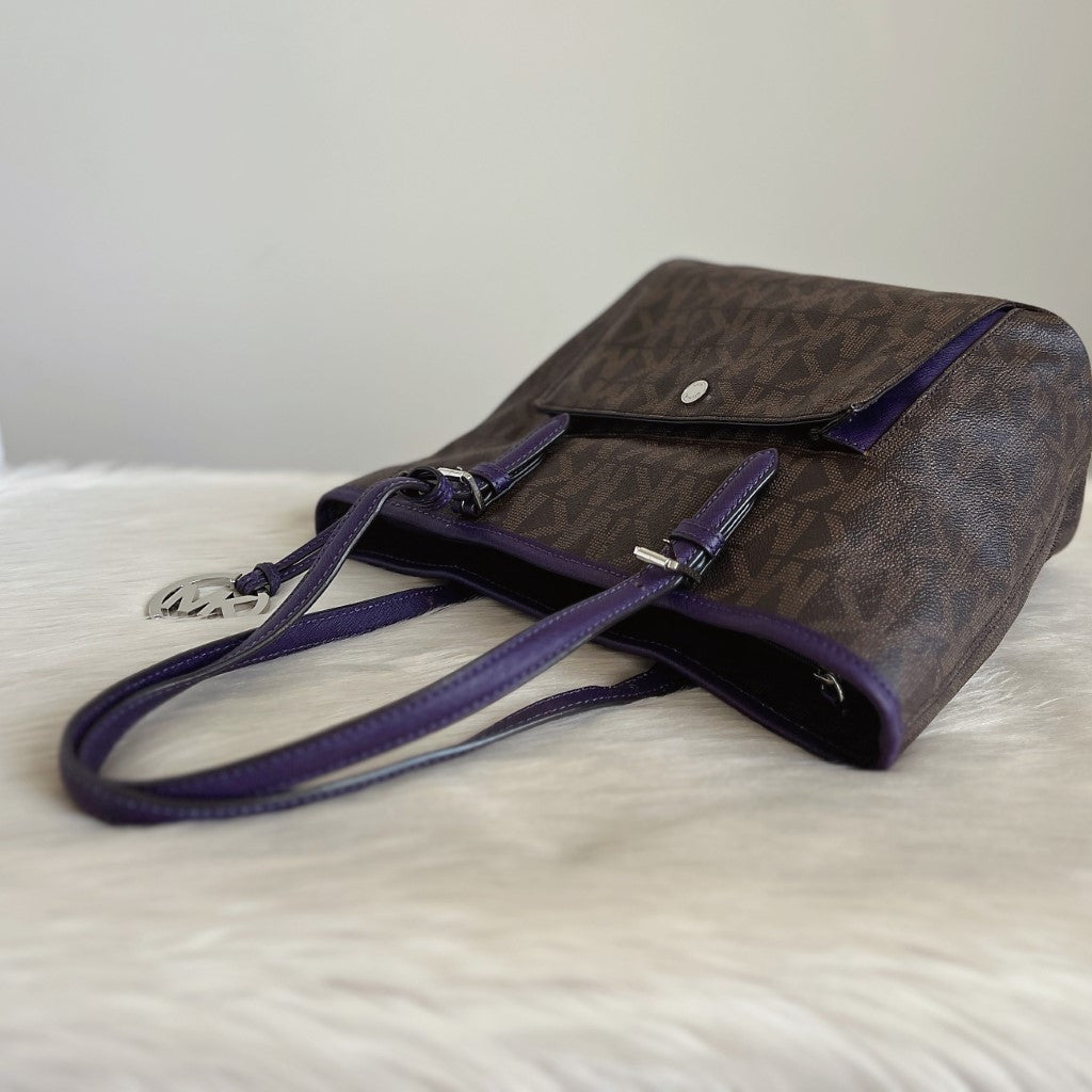 Michael Kors Purple Leather MK Charm Triple Compartment Shoulder Bag